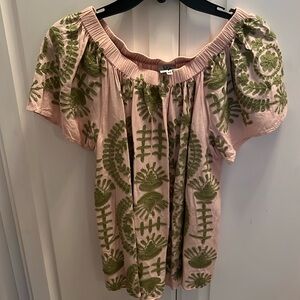 Embroidered Off-Shoulder Pink Top with Olive Green Floral Detail